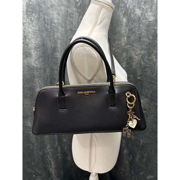 NWT Karl Lagerfeld Black Leather Shoulder & Crossbody w/Gold Tone Bag Charm - Picture 1 of 13